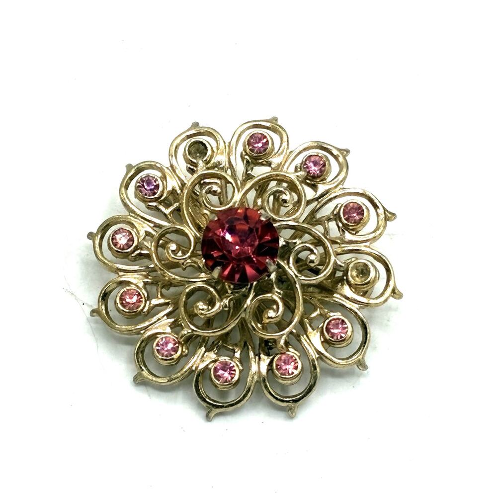 Vintage Coro Pink Rhinestone Floral Brooch Gold Tone Mid Century 1950s Signed